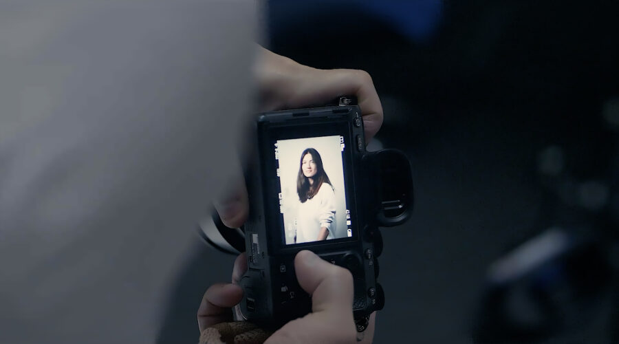 headshot on a camera LCD screen