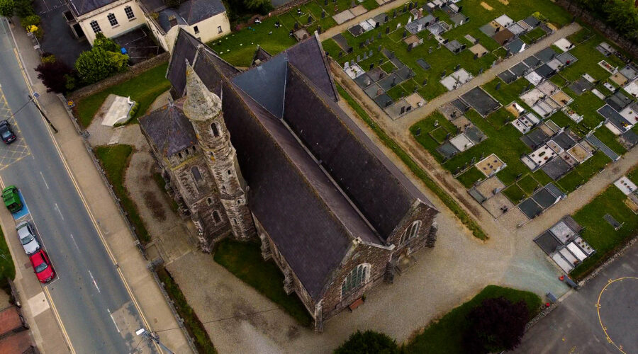 aerial drone view of a church in Gorey, Wexford, Ireland