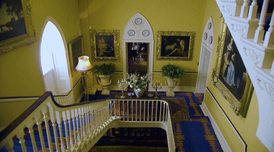 grand staircase with artwork and carpets