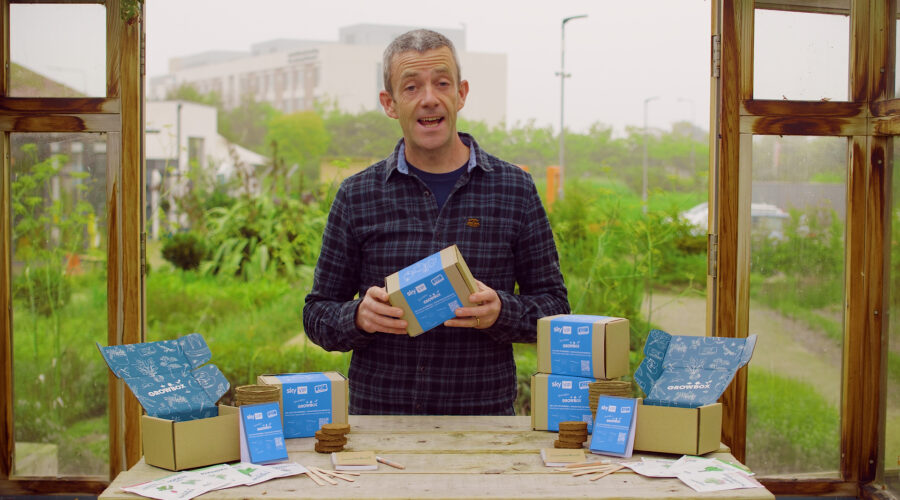 man holding a box and explaining garden tools in a green house