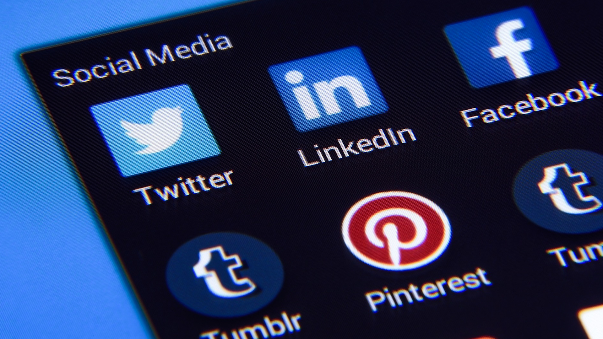 social media icons on a screen close up